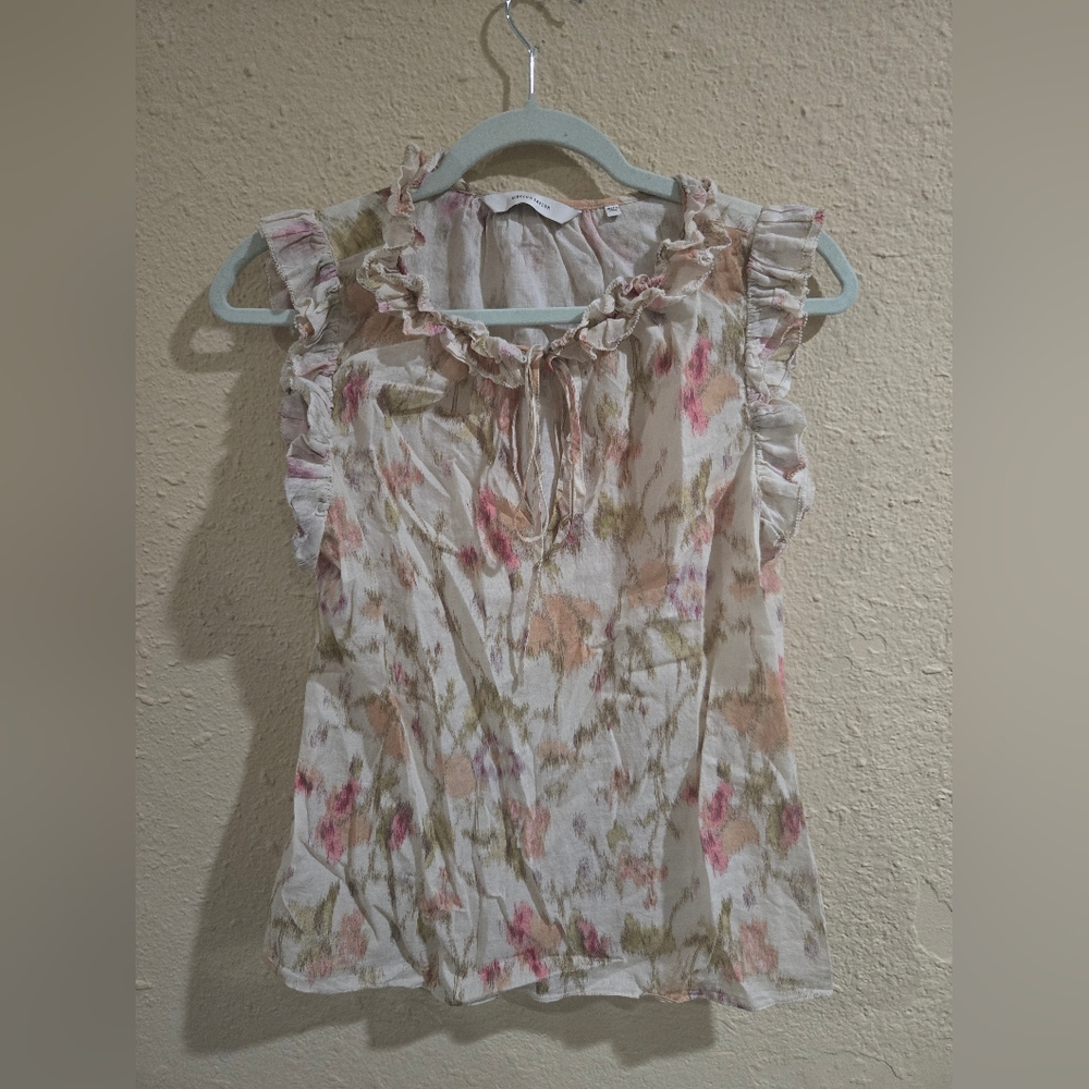 Rebecca Taylor Picot Ruffle Blouse, Marmalade Combo, Off White, Print, Medium - Picture 2 of 5